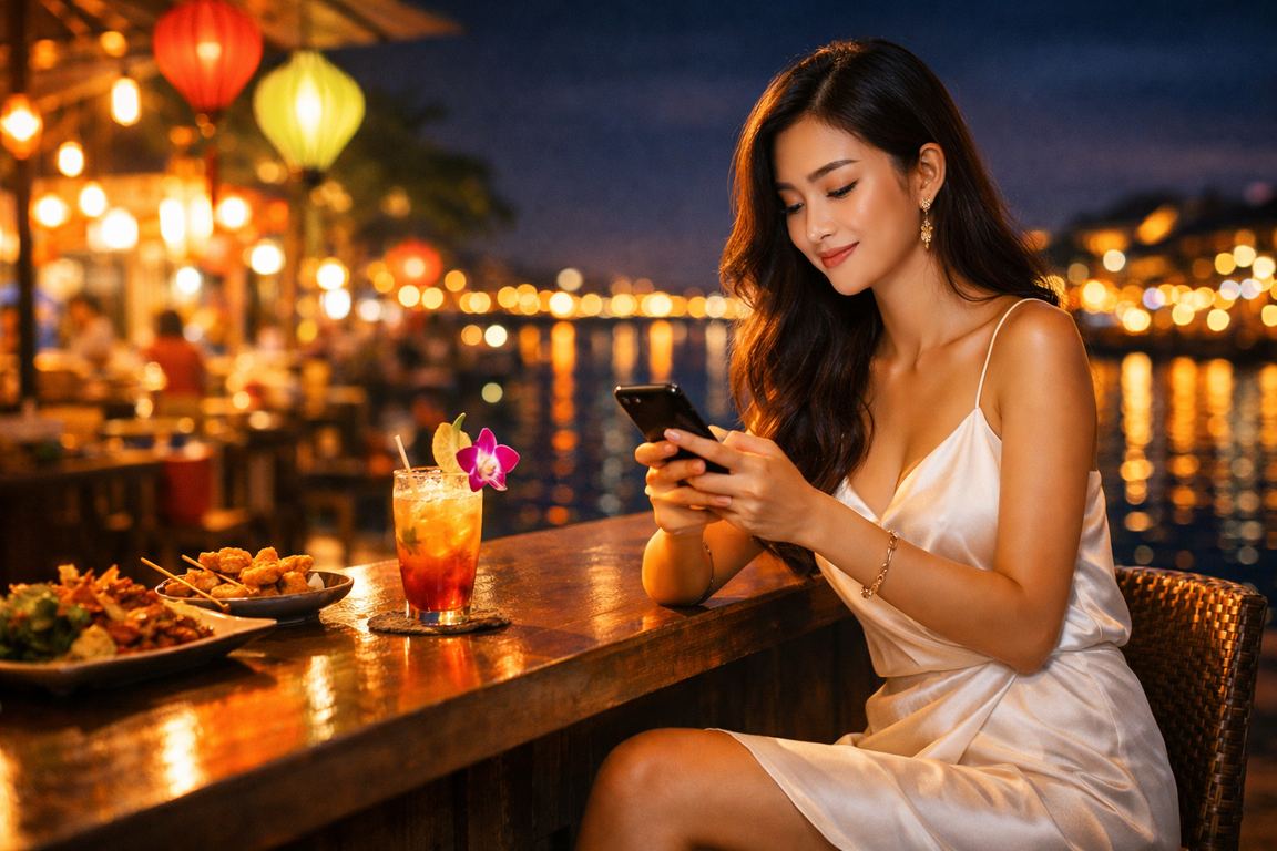 Người dùng thanh toán qua di động tại chợ đêm vùng Mekong